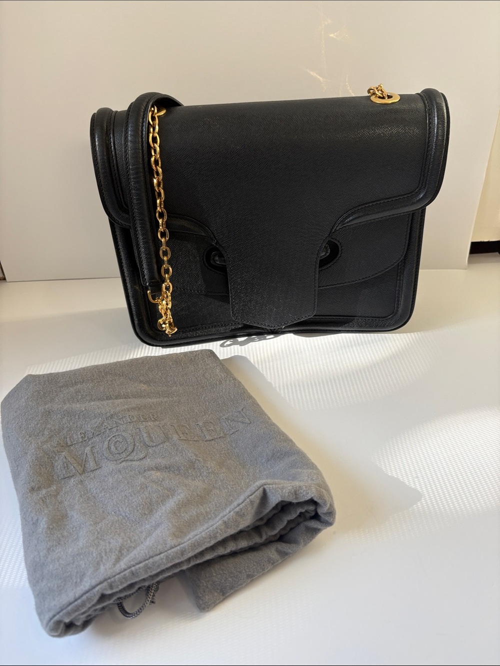 Alexander McQueen Black Leather Messenger Bag with Gold Chain Strap